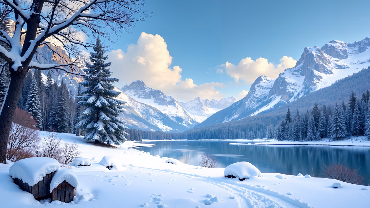 A tranquil winter landscape with snow-covered mountains and a serene lake.