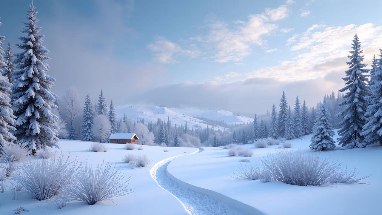 A peaceful winter scene with snow-covered trees, a wooden cabin, and a winding path.