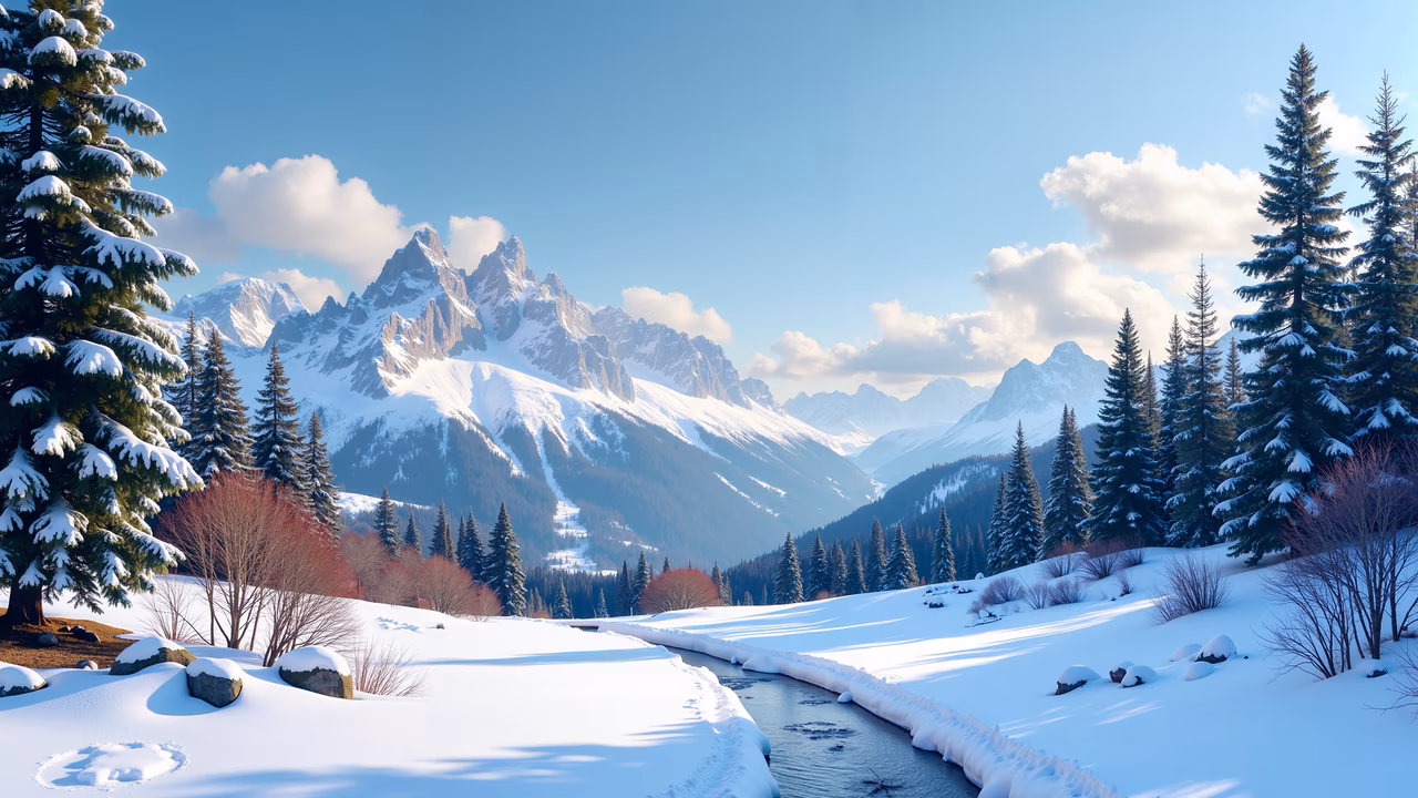 A peaceful winter landscape with snow-covered mountains and a serene river.