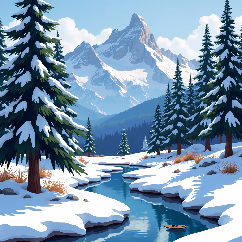 A tranquil winter landscape with snow-covered mountains and a serene river.