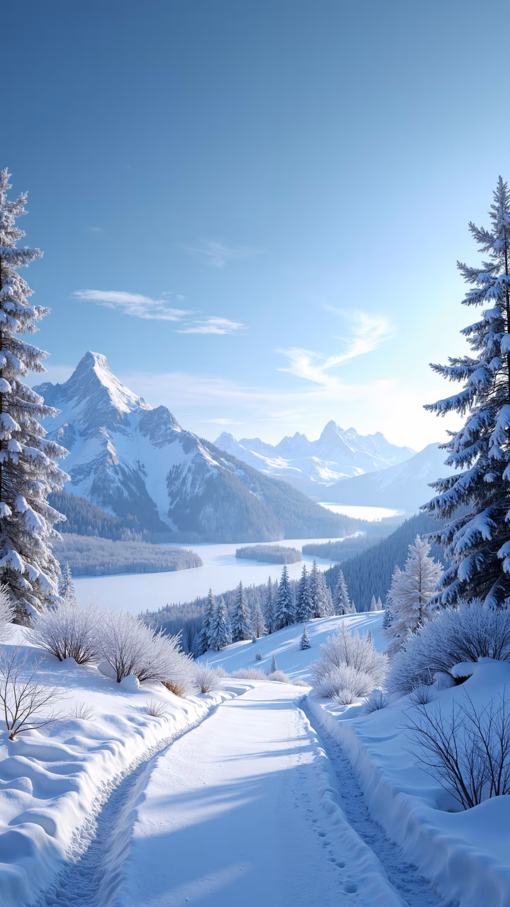 A peaceful winter landscape featuring a snow-covered mountain path and frost-laden trees.