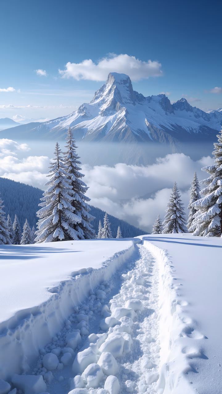A serene winter scene with a snow-covered mountain trail and pine trees.