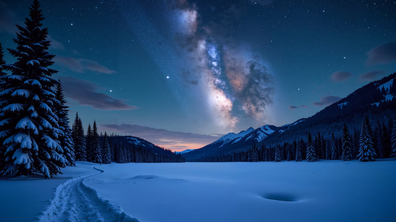 A peaceful winter landscape under the night sky, featuring snow-covered trees, a frozen lake, and the Milky Way.