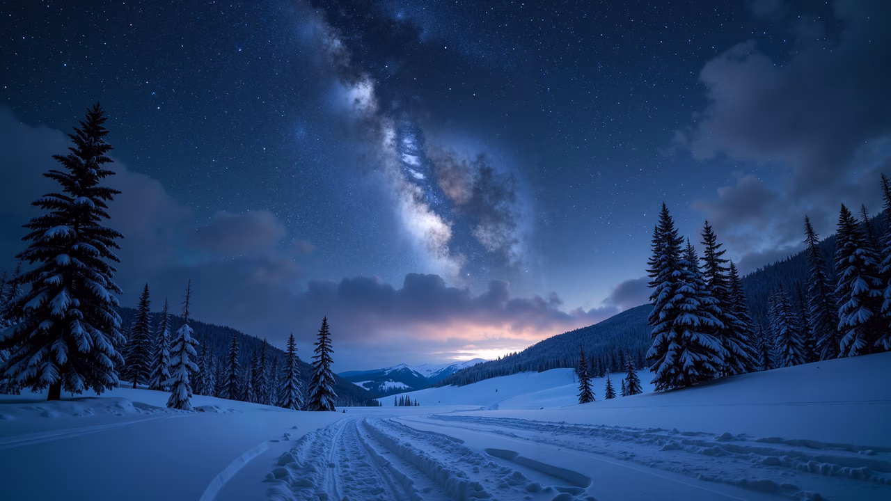 A peaceful snowy night landscape with snow-covered trees and mountains under a starry sky, featuring the Milky Way.