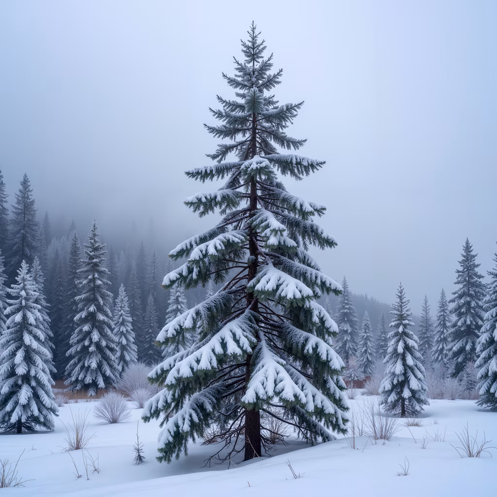 A peaceful winter landscape with snow-covered pine trees and a misty forest backdrop.