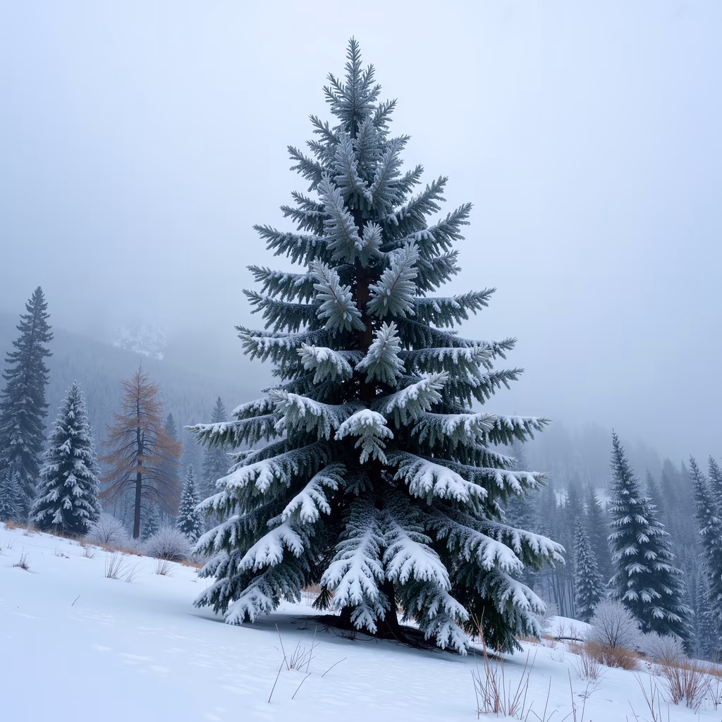 Solitary snow-covered pine tree in a serene winter landscape.