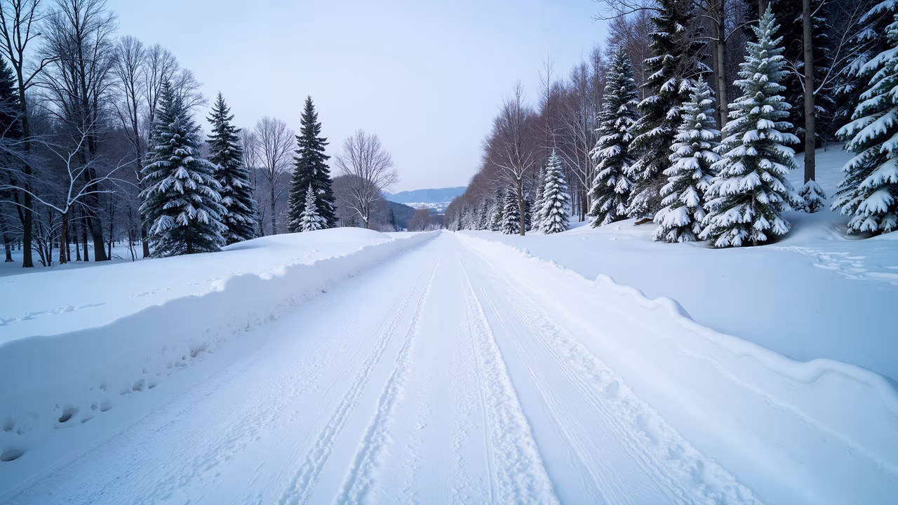 A tranquil winter landscape with a snow-laden road and tall evergreens, creating a serene and cool blue atmosphere.