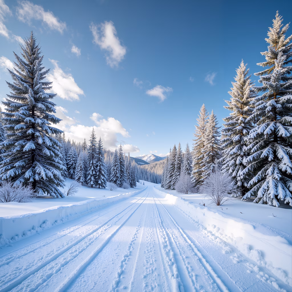A peaceful winter landscape with a snow-laden road and frosty trees under a bright blue sky.