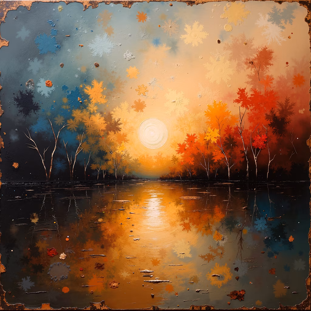 Impressionistic winter sunset with colorful snowflakes and reflective lake