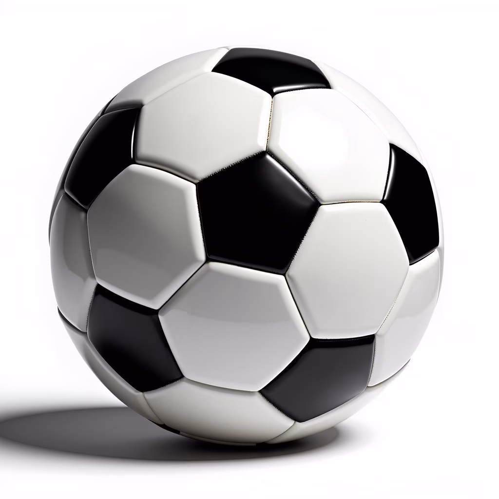 Classic soccer ball with black and white pentagons, glossy texture, three-dimensional appearance, white background, realistic lighting.