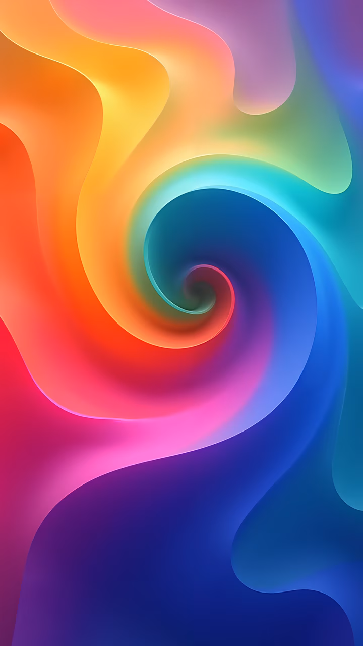 Vibrant spiral illustration with smooth color gradients and fluid shapes.
