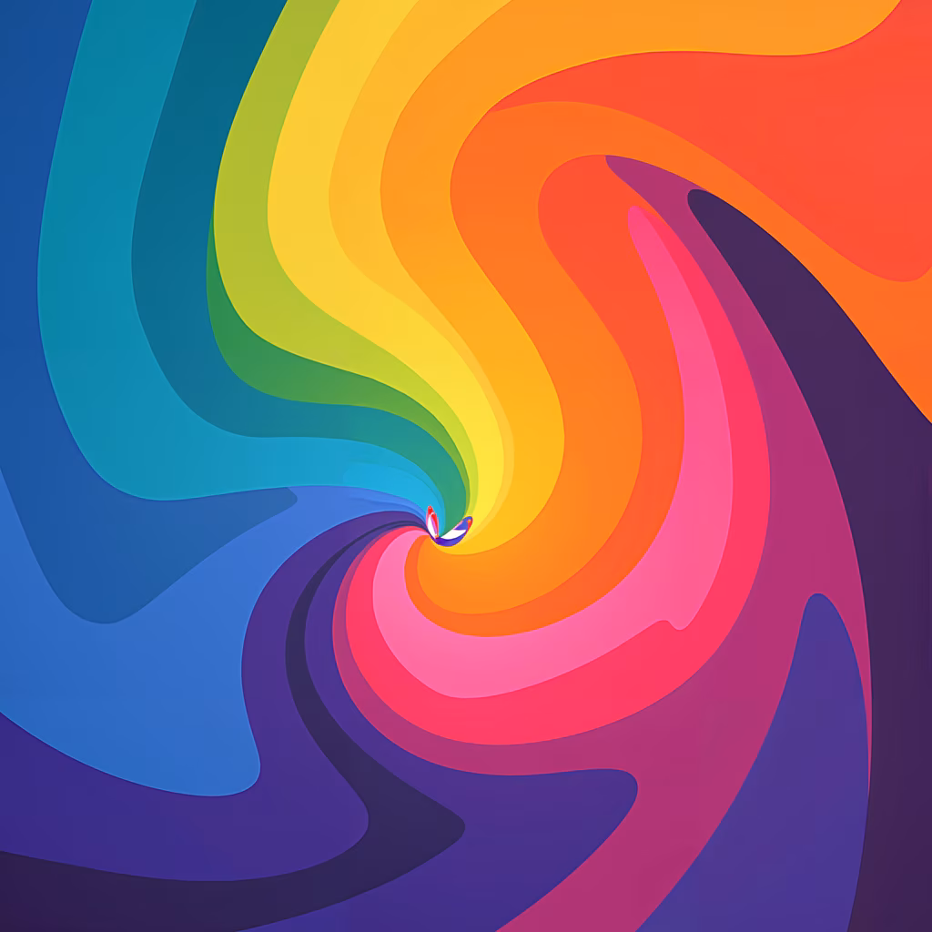 Vibrant spiral rainbow illustration with bold colors and dynamic movement.