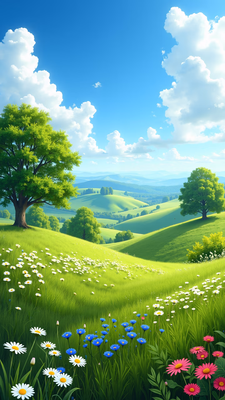 Vibrant spring landscape with blooming flowers and lush green hills under a clear blue sky.