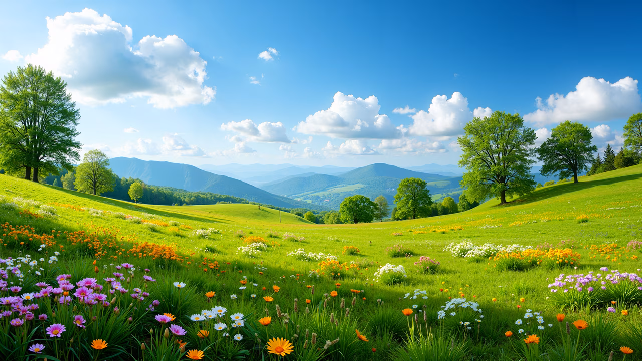 Vibrant spring landscape with blooming flowers and clear skies