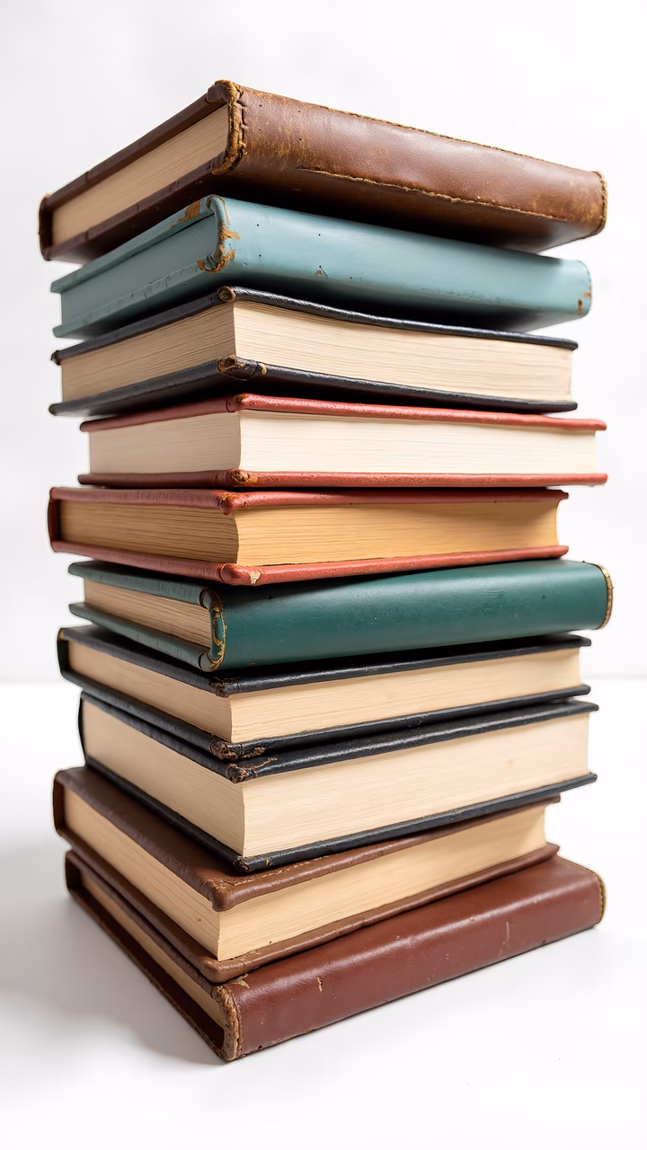 Vintage books stacked neatly with colorful leather bindings, soft lighting, and plain white background.