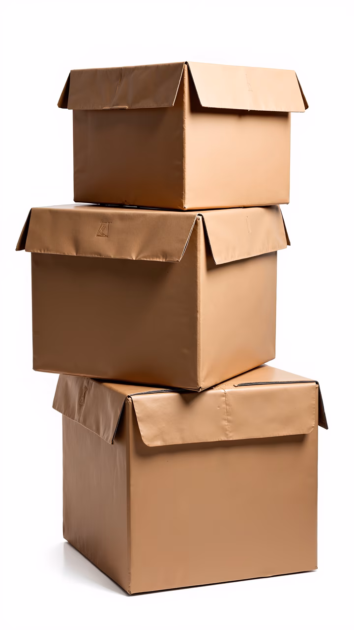 Three stacked cardboard boxes in varying shades of brown, neatly arranged for storage or display purposes.