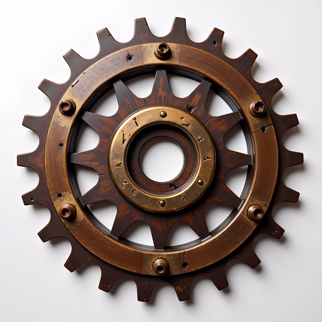 A steampunk-inspired gear with detailed wood and metal elements, showcasing Victorian-era machinery aesthetics.