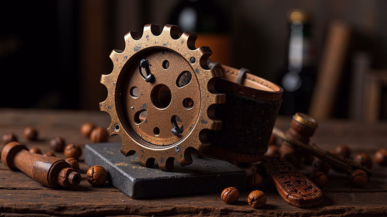 Steampunk gear illustration featuring brass gear, leather straps, and industrial elements on a dark wooden background.
