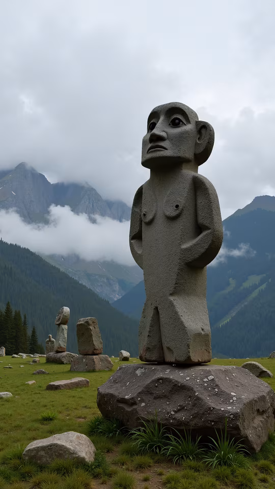 Stone Figure in Mountain Landscape