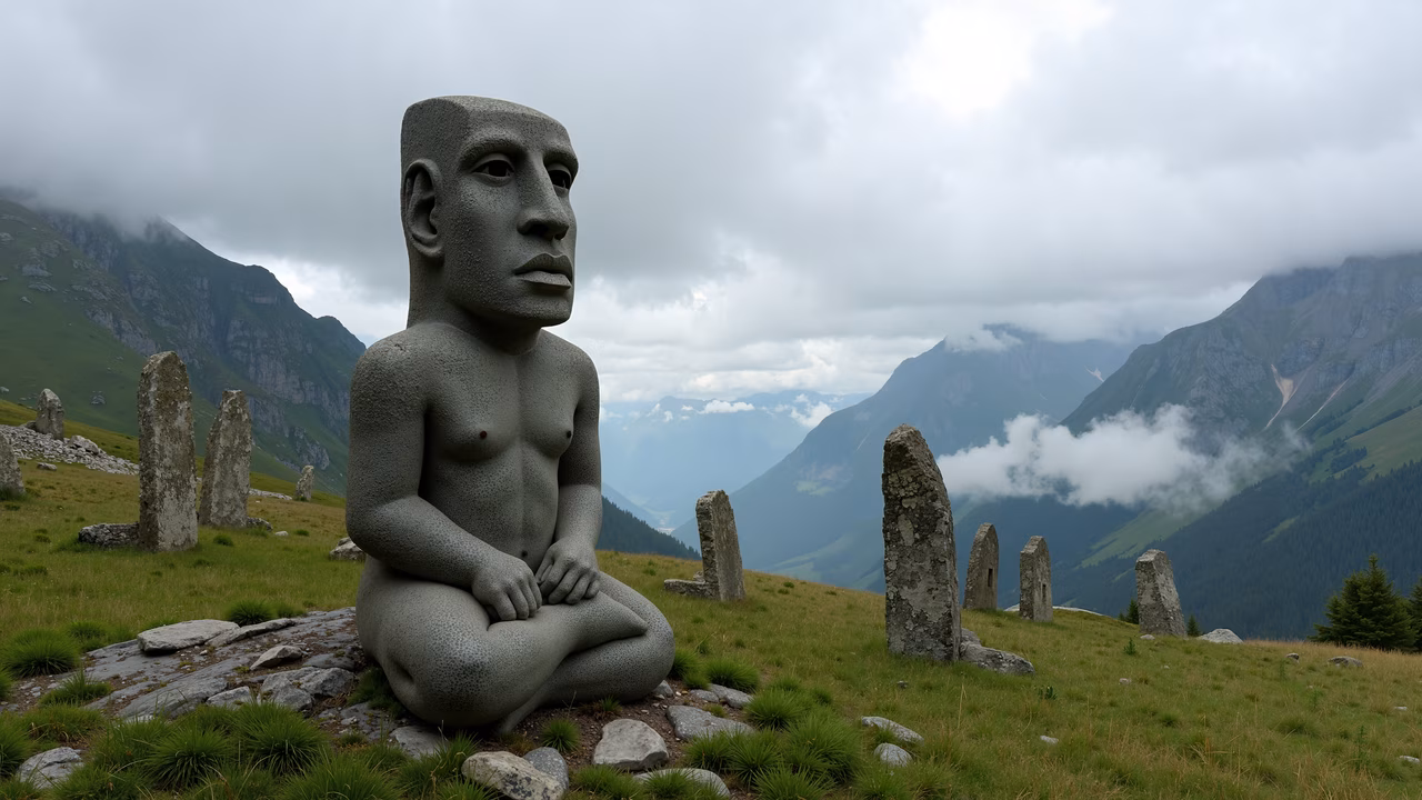 Stone figure meditating amidst misty mountains, serene landscape