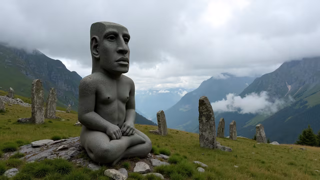 Stone Figure in Mountain Landscape