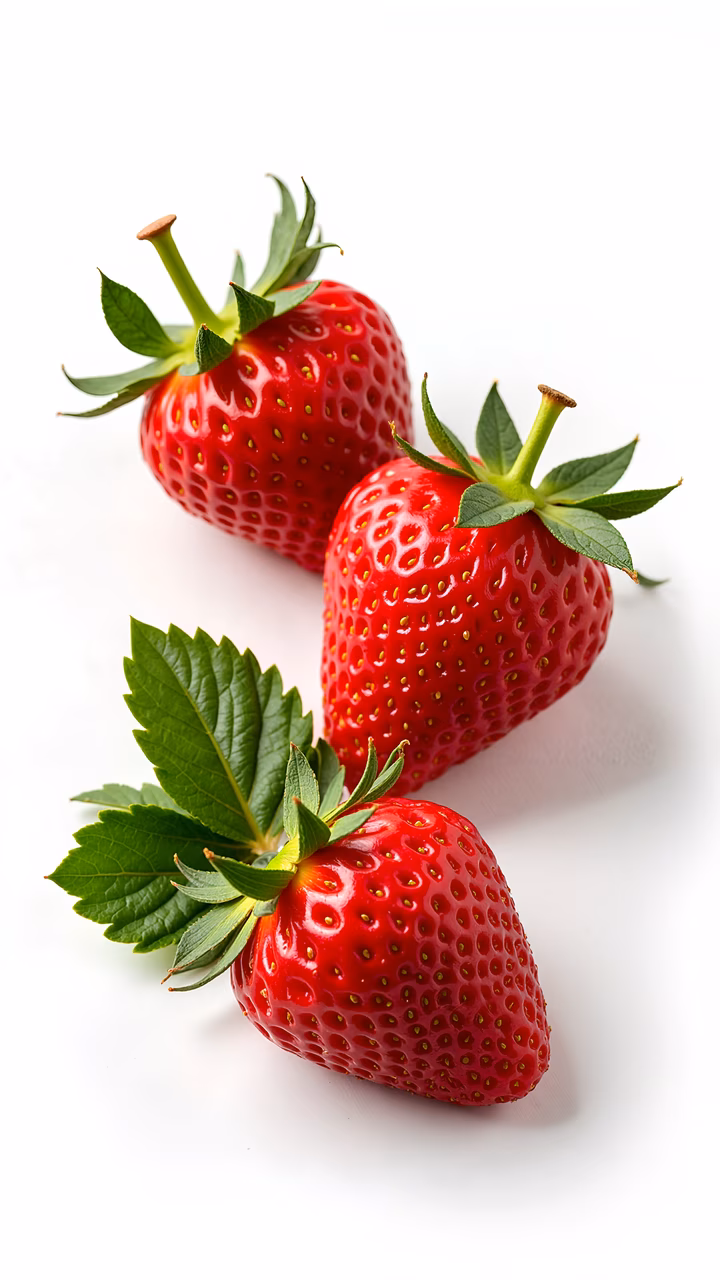 Realistic illustration of three strawberries with green leaves on a white background.