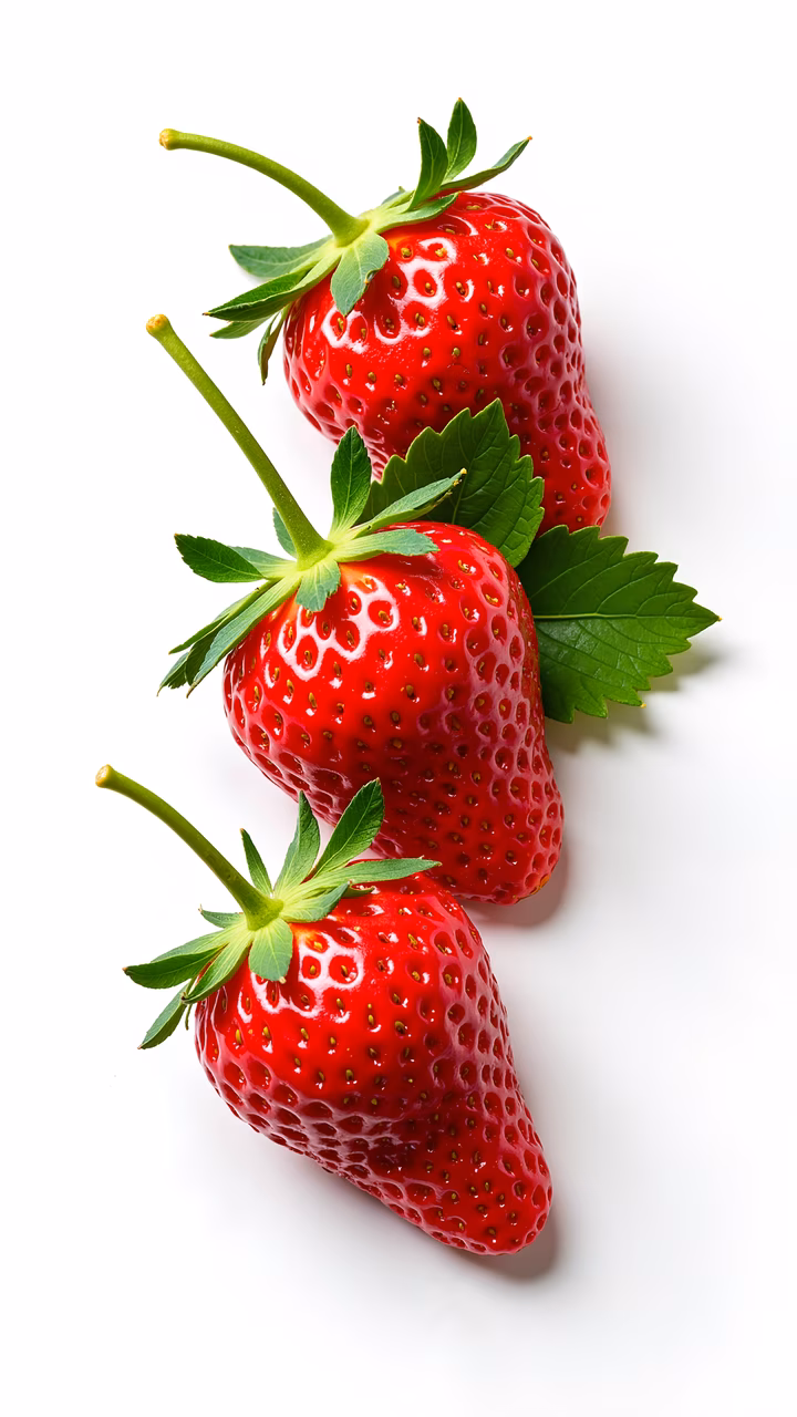 Realistic illustration of fresh strawberries with green leaves on a white background.