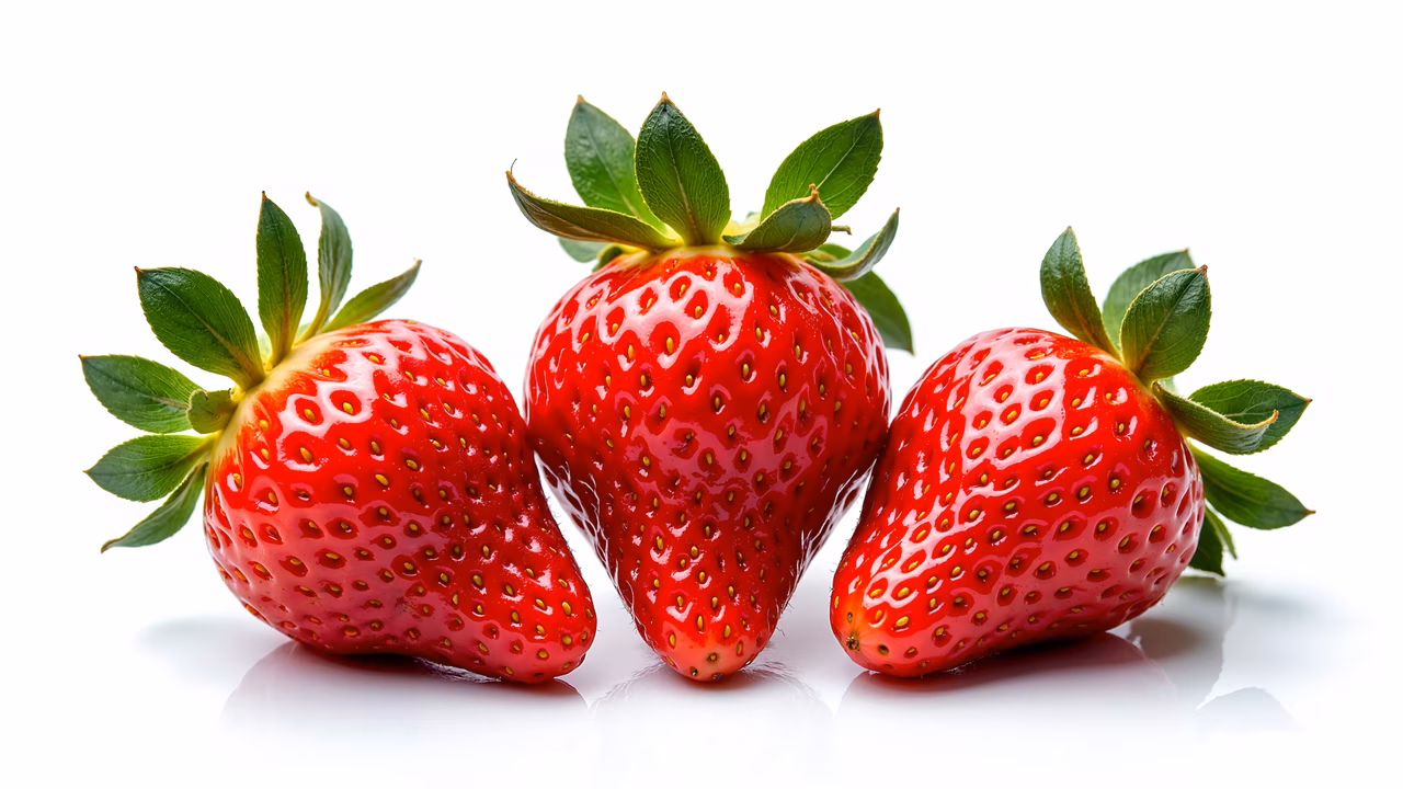 Realistic illustration of three fresh strawberries on a white background.