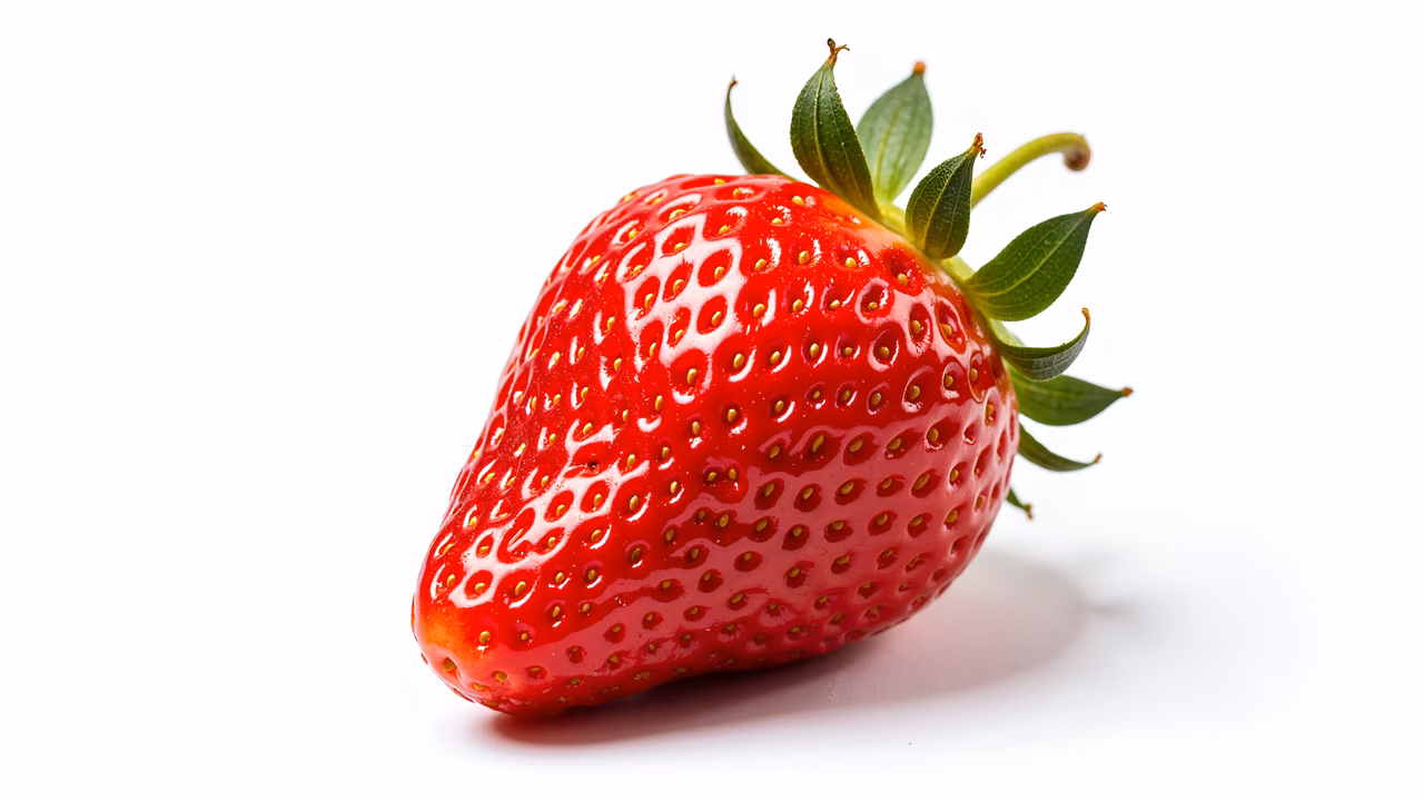 Vibrant red strawberry with glossy texture, set against a white background.