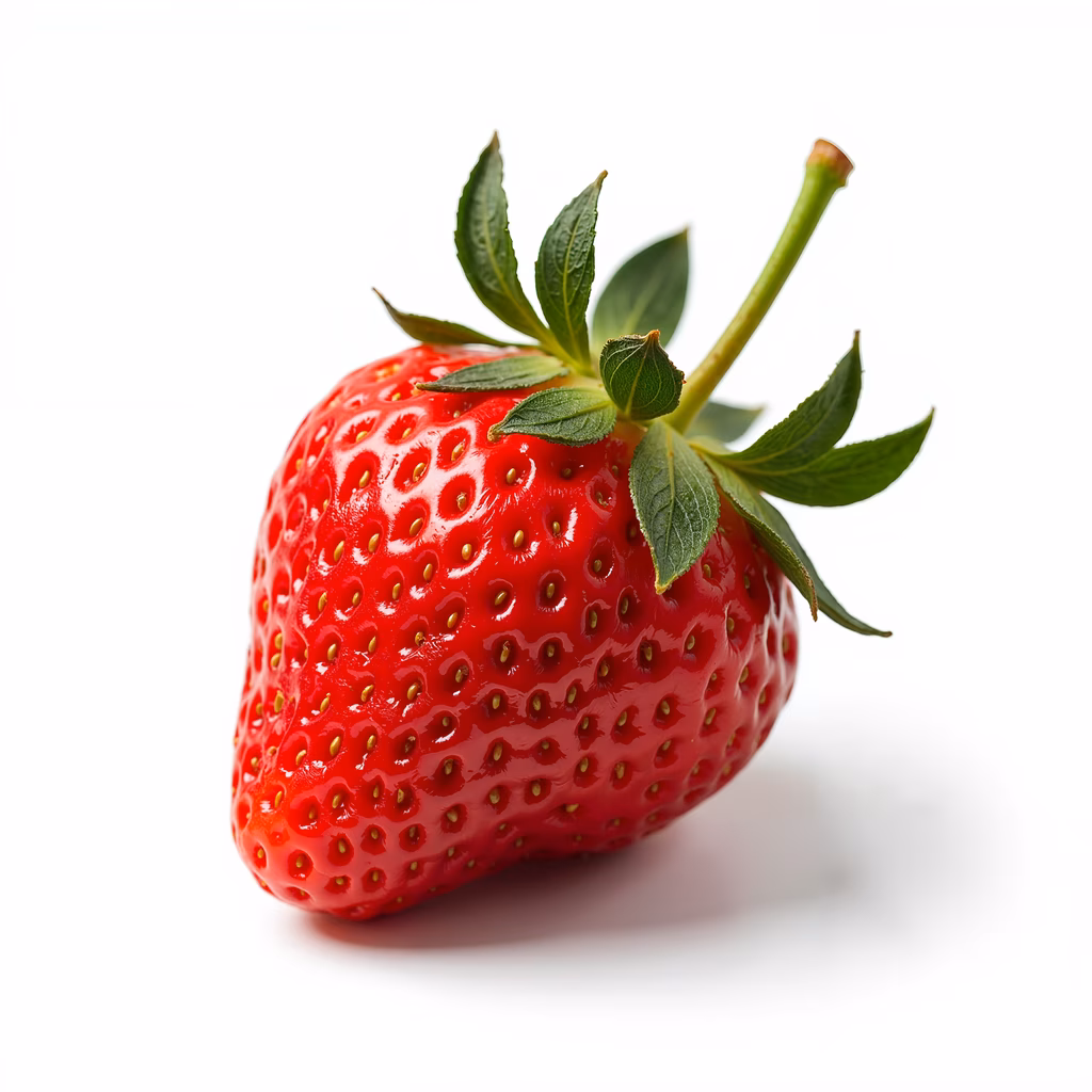 Vibrant red strawberry with glossy texture and green leaves, set against a white background.