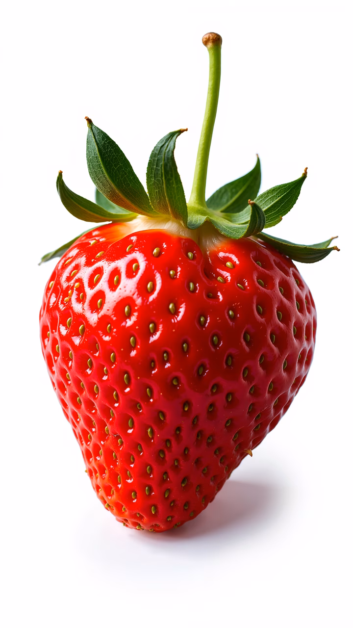 Vibrant red strawberry illustration with glossy texture and intricate seed patterns on a white background.