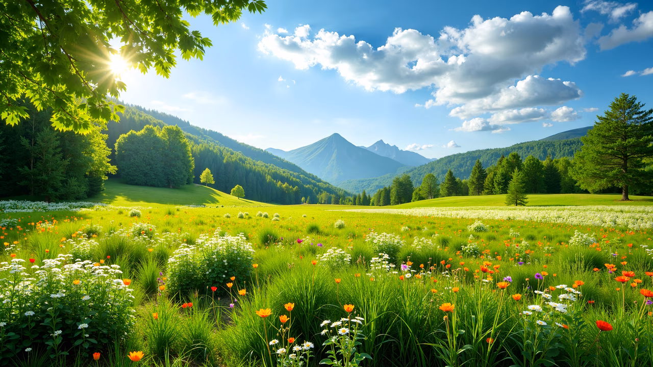 A picturesque summer meadow filled with colorful wildflowers and surrounded by trees and mountains.
