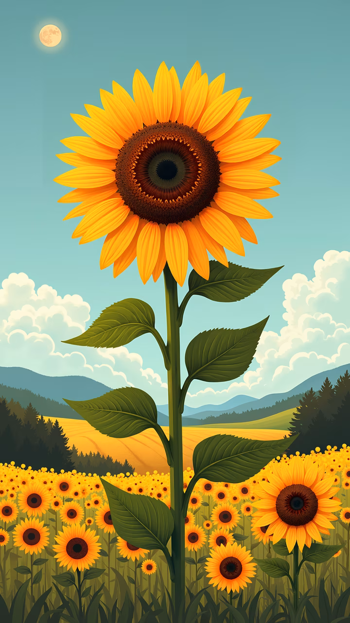 A sunflower field under a clear blue sky with a full moon, evoking tranquility and natural beauty.