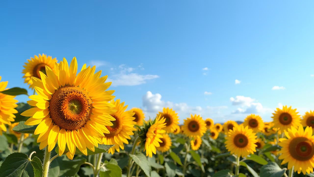 Bright yellow sunflowers under a clear blue sky, symbolizing warmth and vitality in nature.