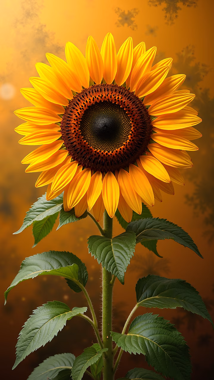 A stunning illustration of a sunflower with vibrant yellow petals and a dark brown center, set against a warm golden background with glowing bokeh effects.
