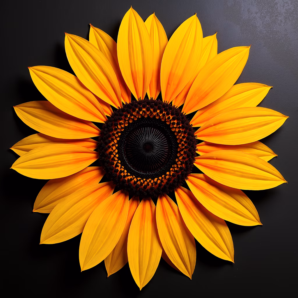 Vibrant sunflower illustration with detailed petals and dark center on a black background.
