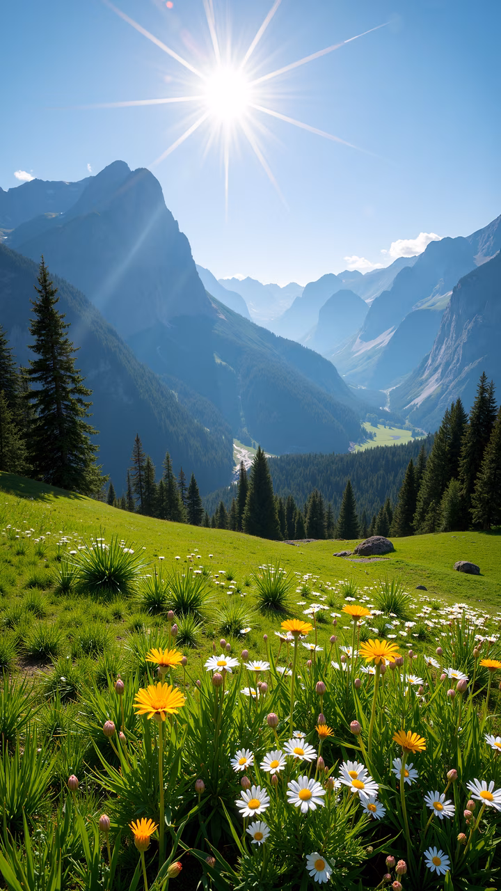 Sunlit mountain valley with vibrant green grass and wildflowers, framed by pine trees and mountains.