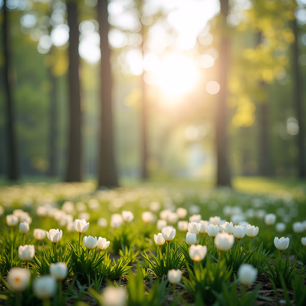 A tranquil tulip field illuminated by golden sunlight, showcasing vibrant nature and peaceful ambiance.