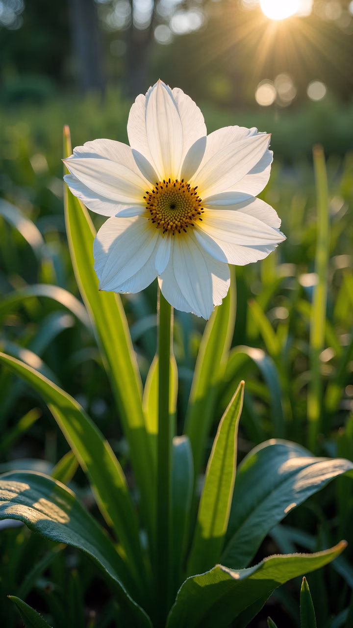 A sunlit white flower with a vibrant yellow center, surrounded by lush greenery, creating a serene and tranquil atmosphere.