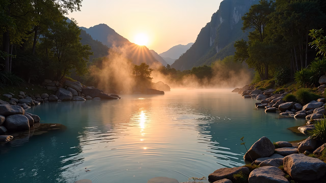 Golden sunrise over a tranquil turquoise lake, surrounded by lush greenery and misty mountains.
