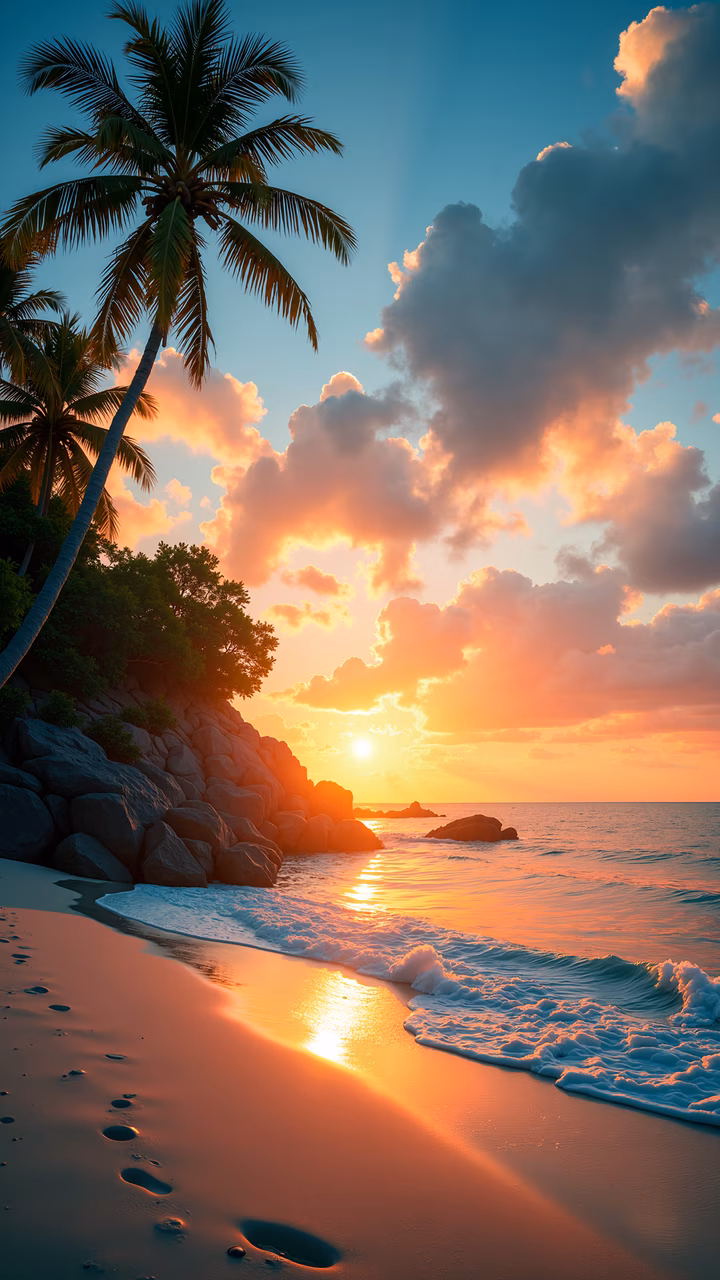 A tranquil sunset beach scene with palm trees, rocky cliffs, and gentle waves.