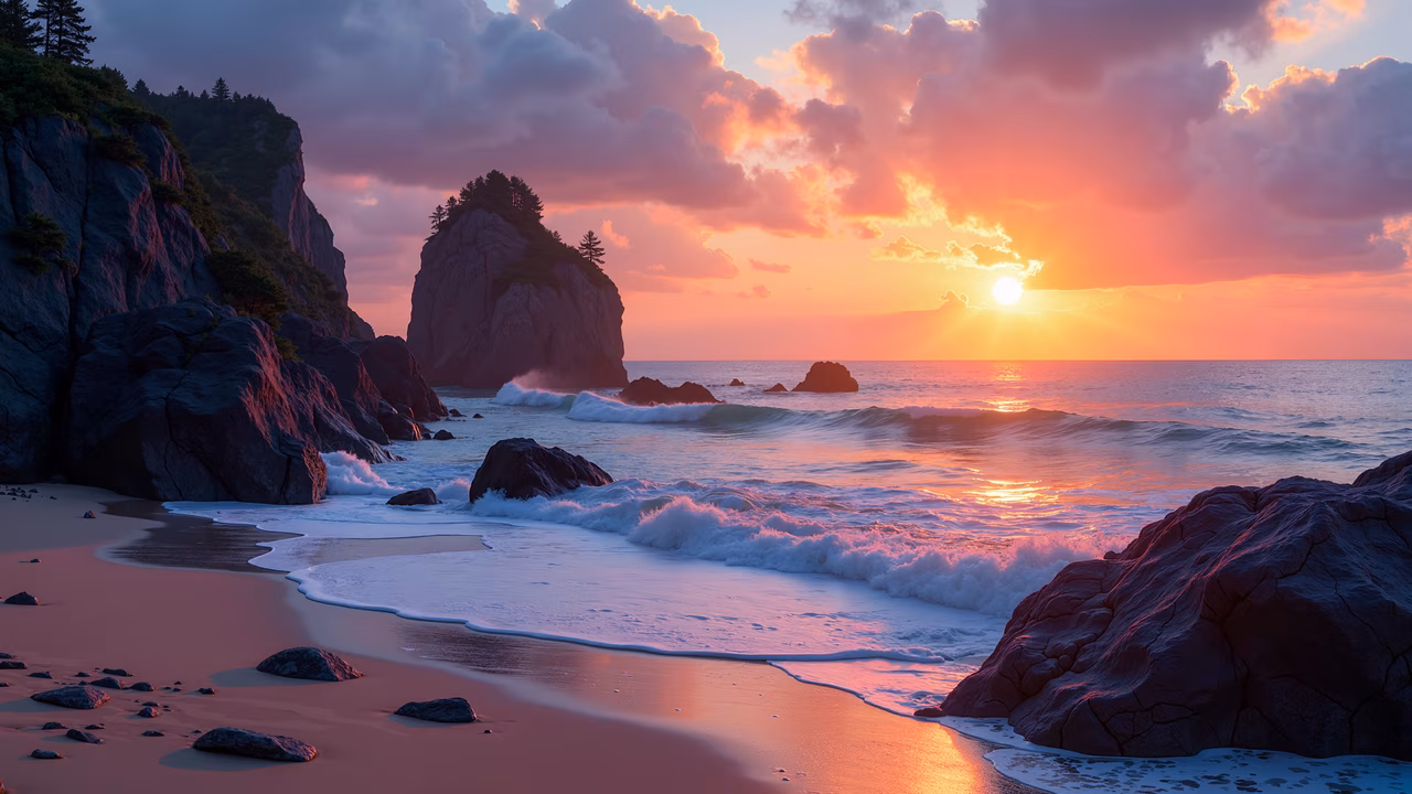 A tranquil sunset beach scene with rugged cliffs and gentle waves, captured in an illustration style.