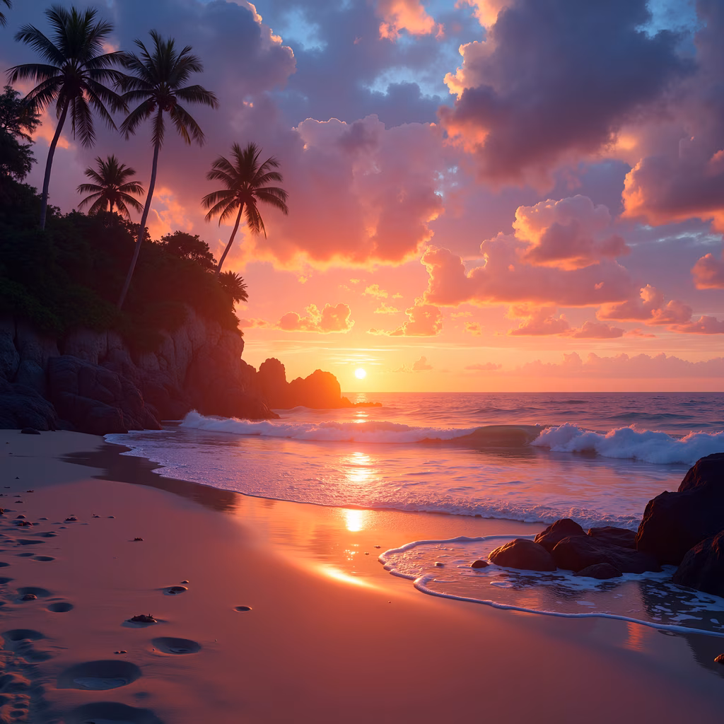 A beautiful sunset beach scene with palm trees and vibrant colors, perfect for landscape enthusiasts.