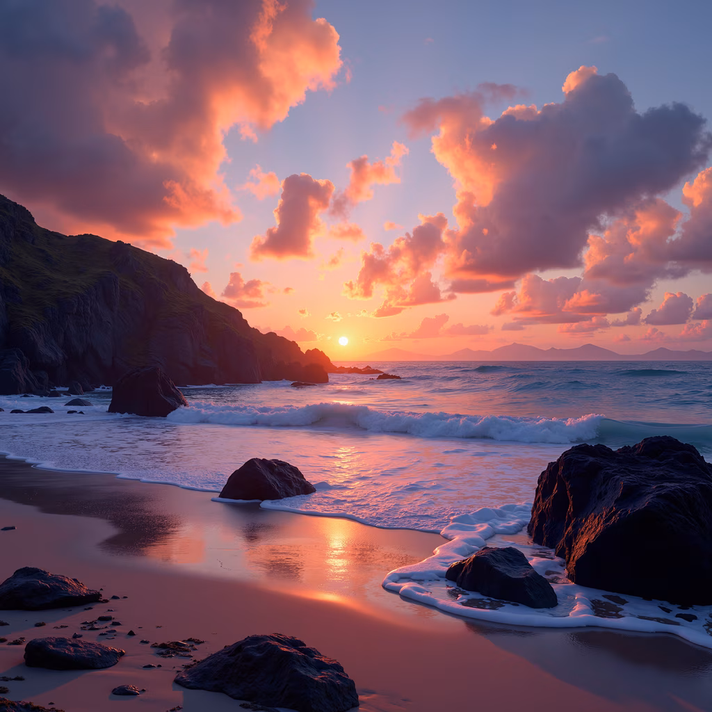 A tranquil sunset beach scene with dramatic cliffs and gentle waves, reflecting the warm hues of the setting sun.