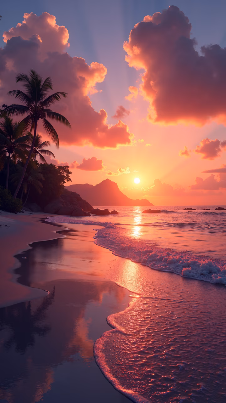 Vibrant sunset beach illustration with palm trees and tranquil waves.