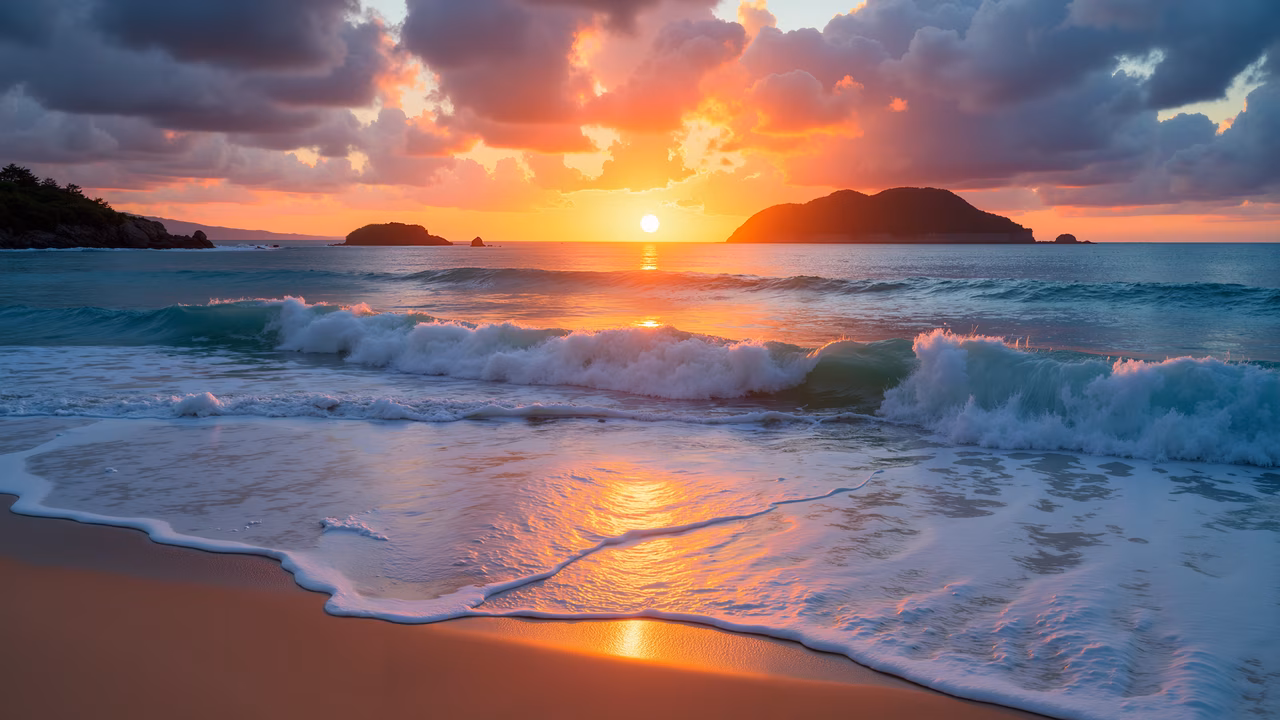 Vibrant sunset beach illustration with gentle waves and distant islands
