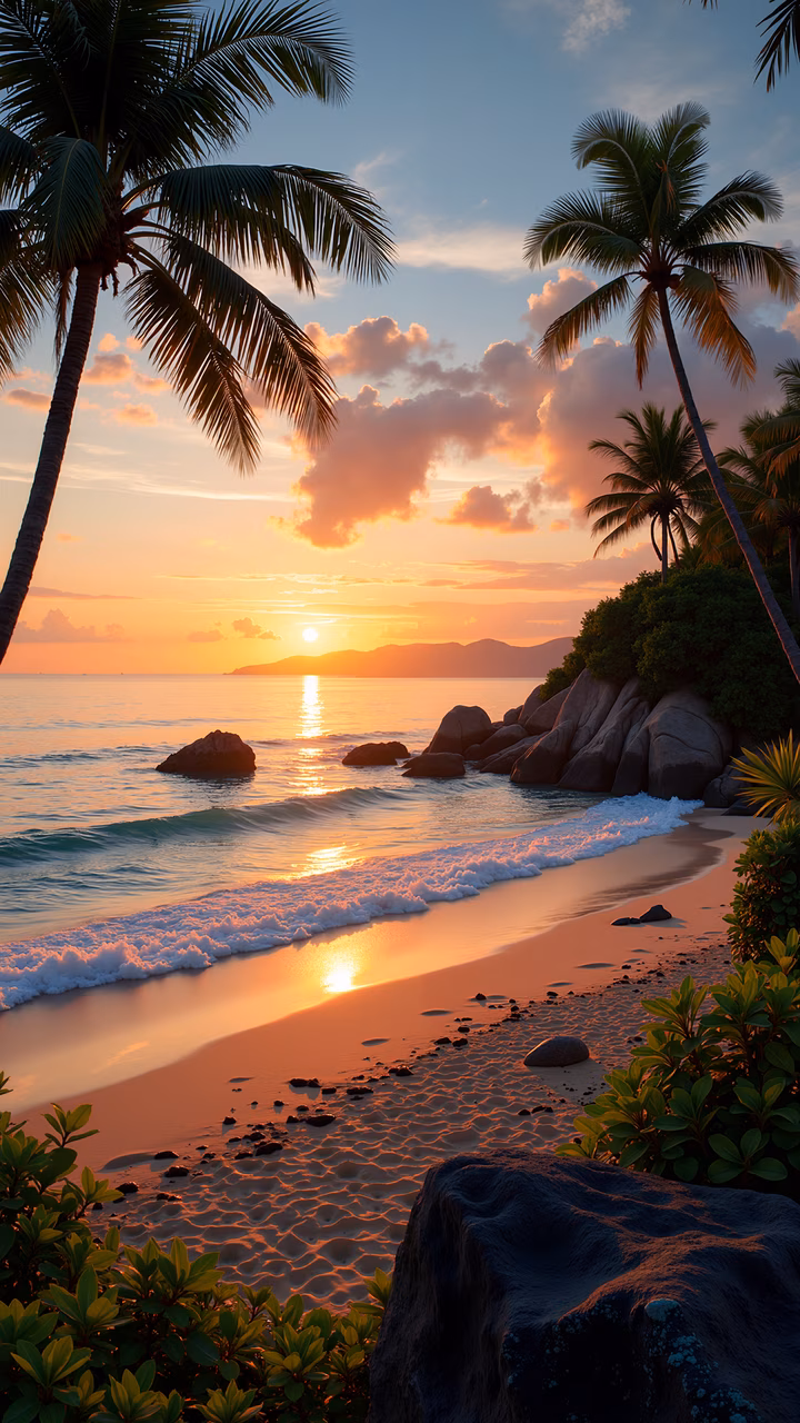 A tranquil sunset beach with palm trees and rocks, featuring warm hues and gentle waves.