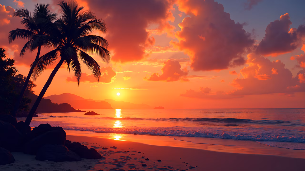 A tranquil sunset beach scene with palm trees and vibrant colors, perfect for relaxation and inspiration.
