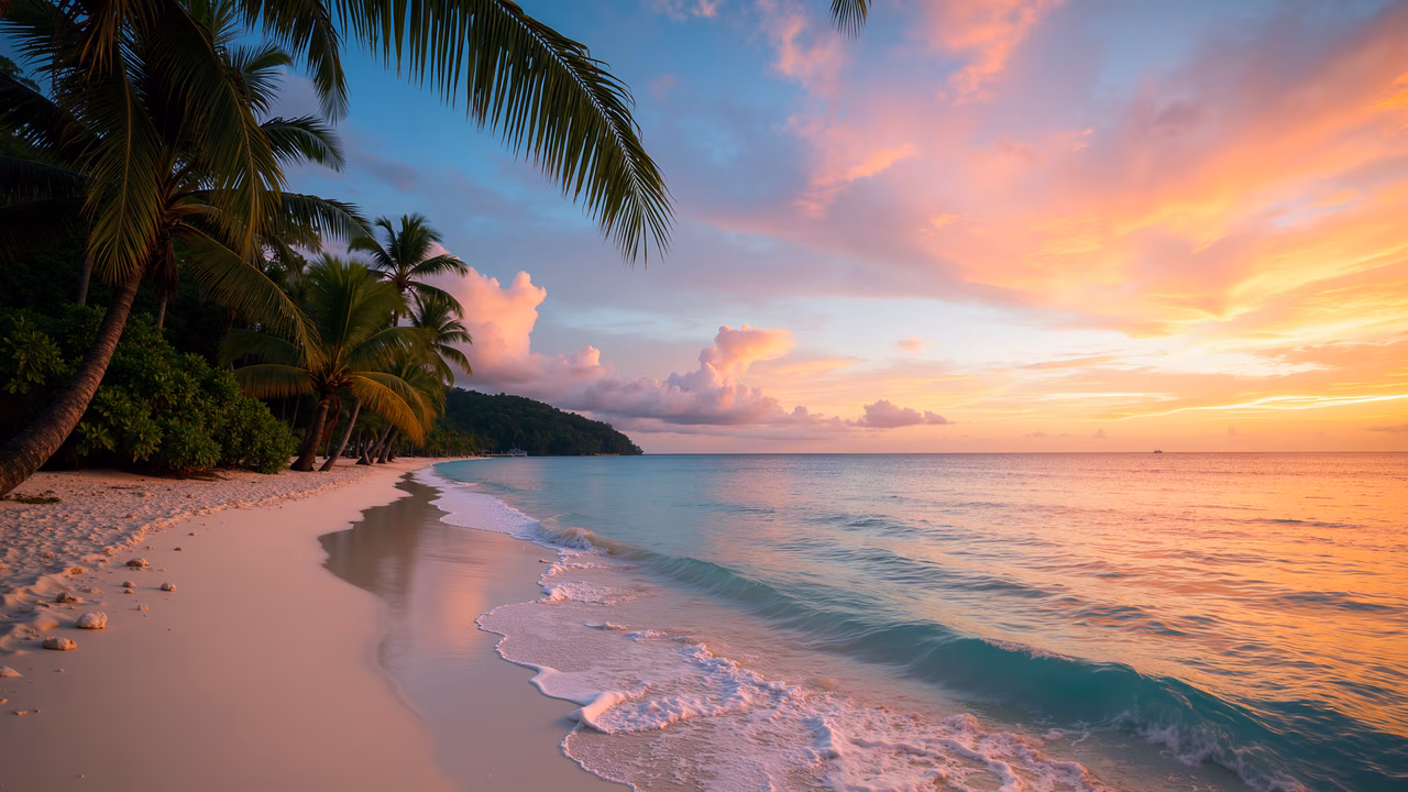 A tranquil sunset beach scene with palm trees and gentle waves, featuring vibrant colors and a peaceful atmosphere.