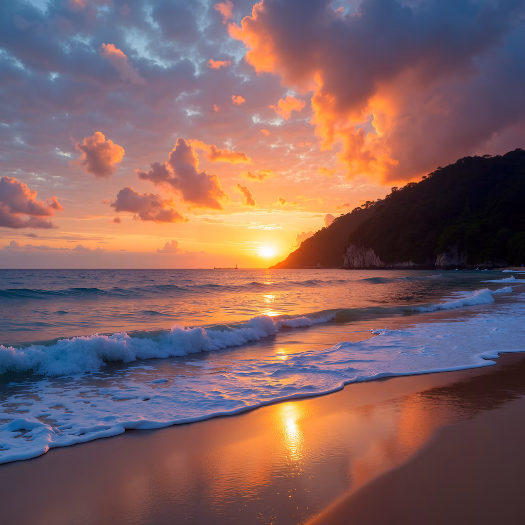 Vibrant sunset beach illustration with gentle waves and rocky cliffs
